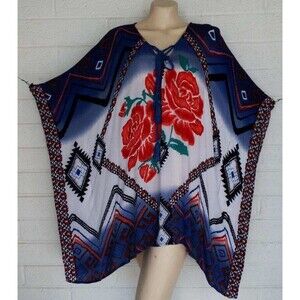 Sonoma One Size Tribal Floral Tie Neckline Rayon Gauze Poncho Top